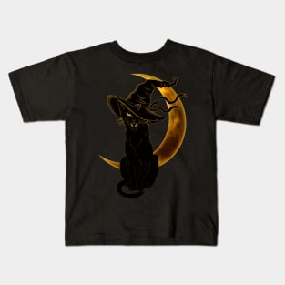 Black Cat with Witch Hat and Crescent Moon Kids T-Shirt